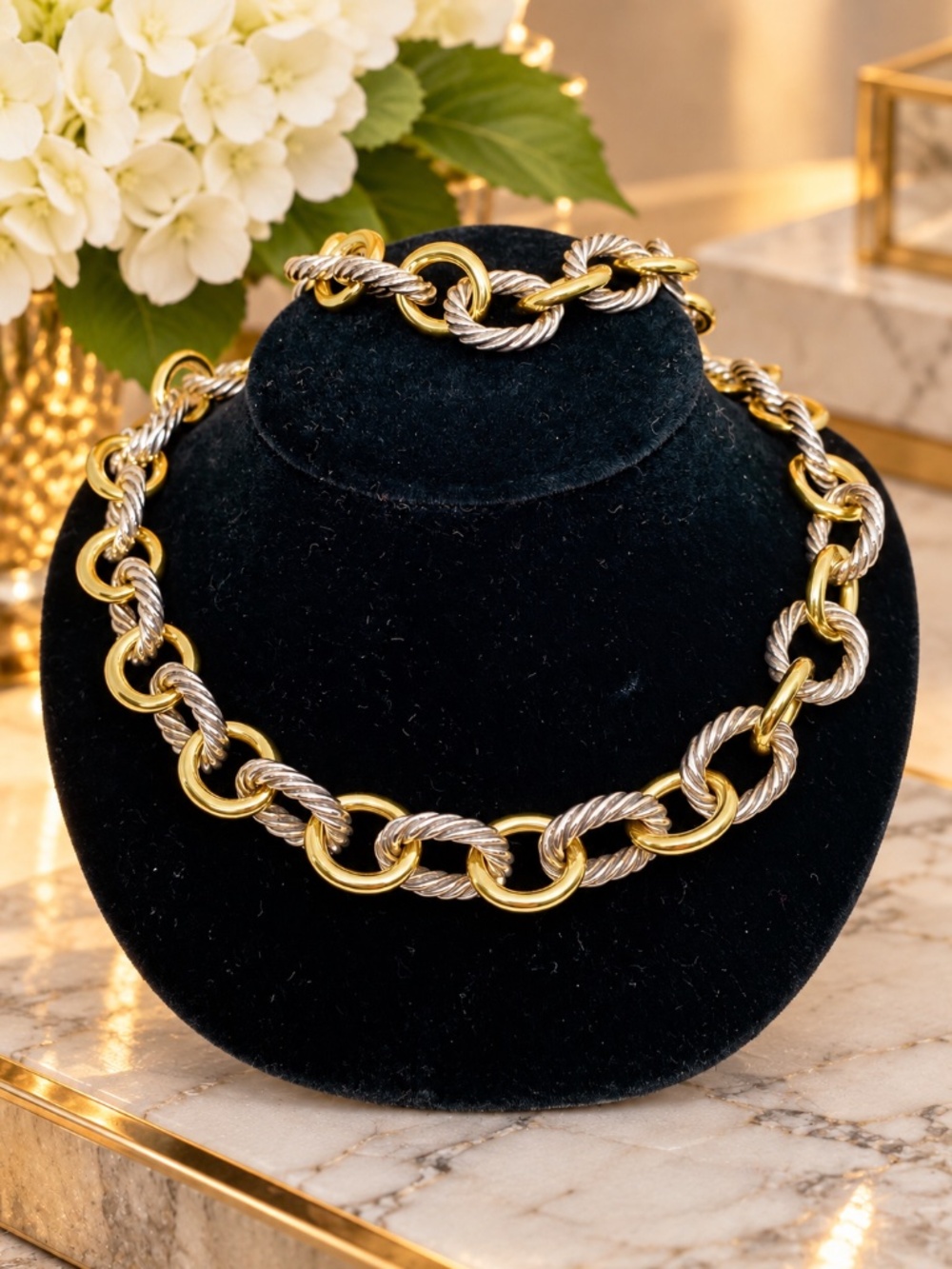 David Yurman Retired Oval Link Chain Necklace 16mm Sterling 18K Gold 88g